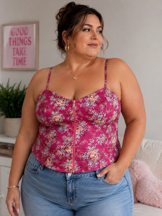 She's Cool Tops - She’s Cool Floral Corset Crop Top Pink Bustier Cami Women’s 1X Y2K Style